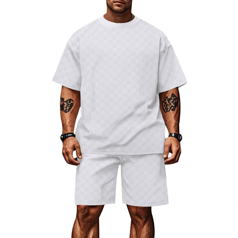 2025 new jacquard checkerboard solid color short sleeved shorts set for mens fashion trend