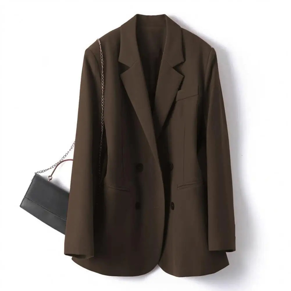 Womens set jacket Elegant lapel double chest fashionable office womens coat with solid pockets 250407