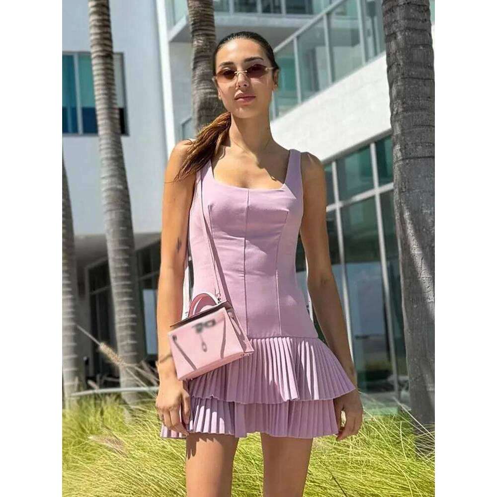 HH Women Summer Square Collar Sleeveless Solid Mini Woman Elegant Chic High Street Slim Short Pleated Dress