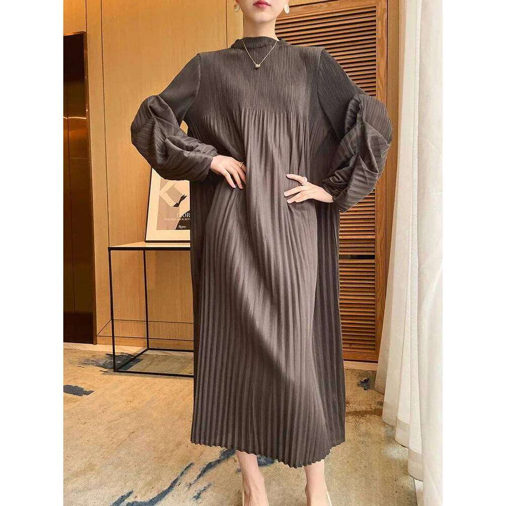 Miyake Pleated Puff Sleeve Dress Fall 2022 Winter New Solid Color Long Loose Women Causal Elegant Dresses Designer Clothes