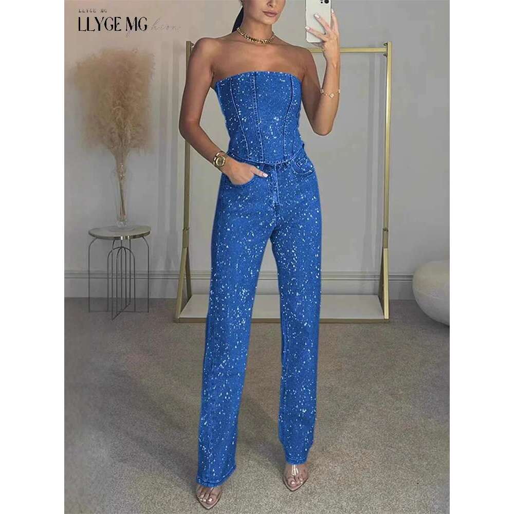 Dia Jeans Set Women Slim Spring Summer Tube Tops Backless Pocket Denim Pant Suit Female Shine Bodysuit Lady High Street