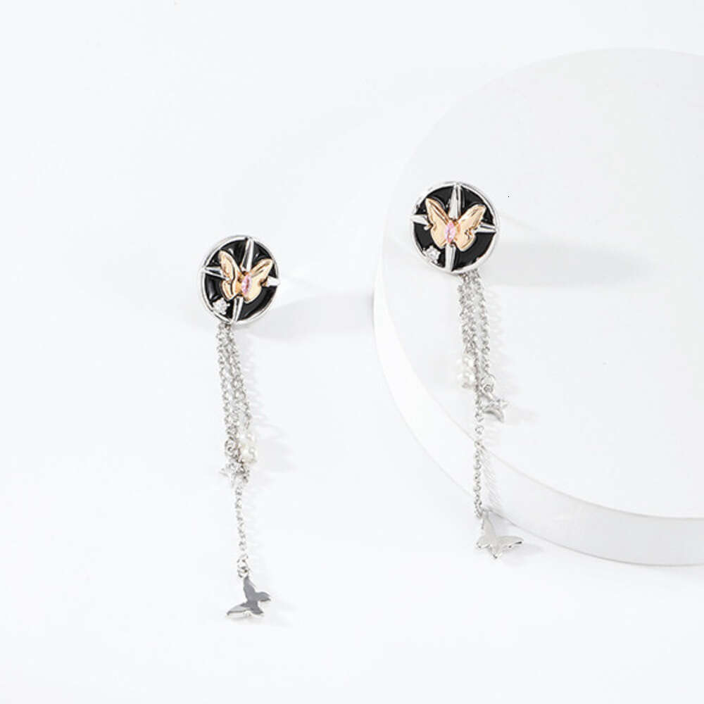 DHcollections Black Button for Women, Long Tassel Dark Gothic Ins Style Butterfly 925 Silver Needle Stud Earrings, Niche High-End Earrings