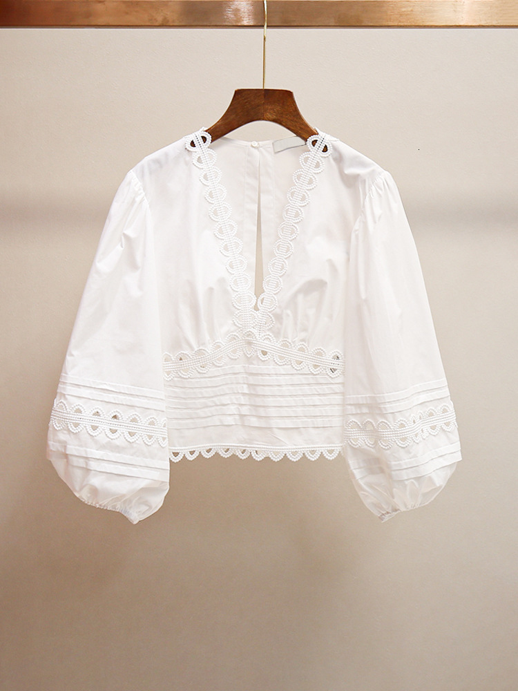 Spring Summer New French Style Gentle Elegant Design Hollow Bowknot Puff Sleeve Short Shirt Top for Women