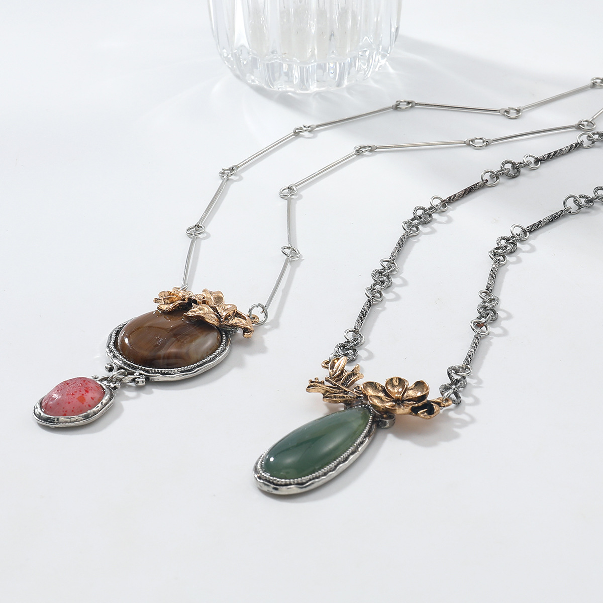 Exquisite Autumn Droplet Shaped Floral Pendant Two Piece Necklace Sweater Chain Bohemian Style Fashionable Necklace