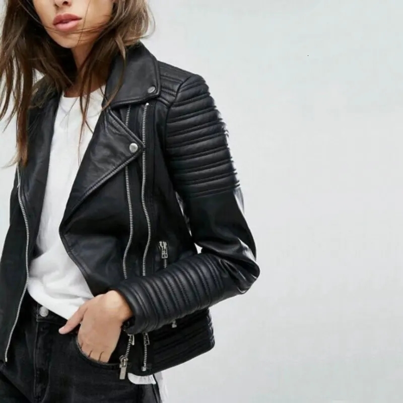 Customizable UZZDS Soft Motorcycle Faux Leather Jackets Ladies Long Sleeve Autumn Winter Biker Streetwear Coat 251105