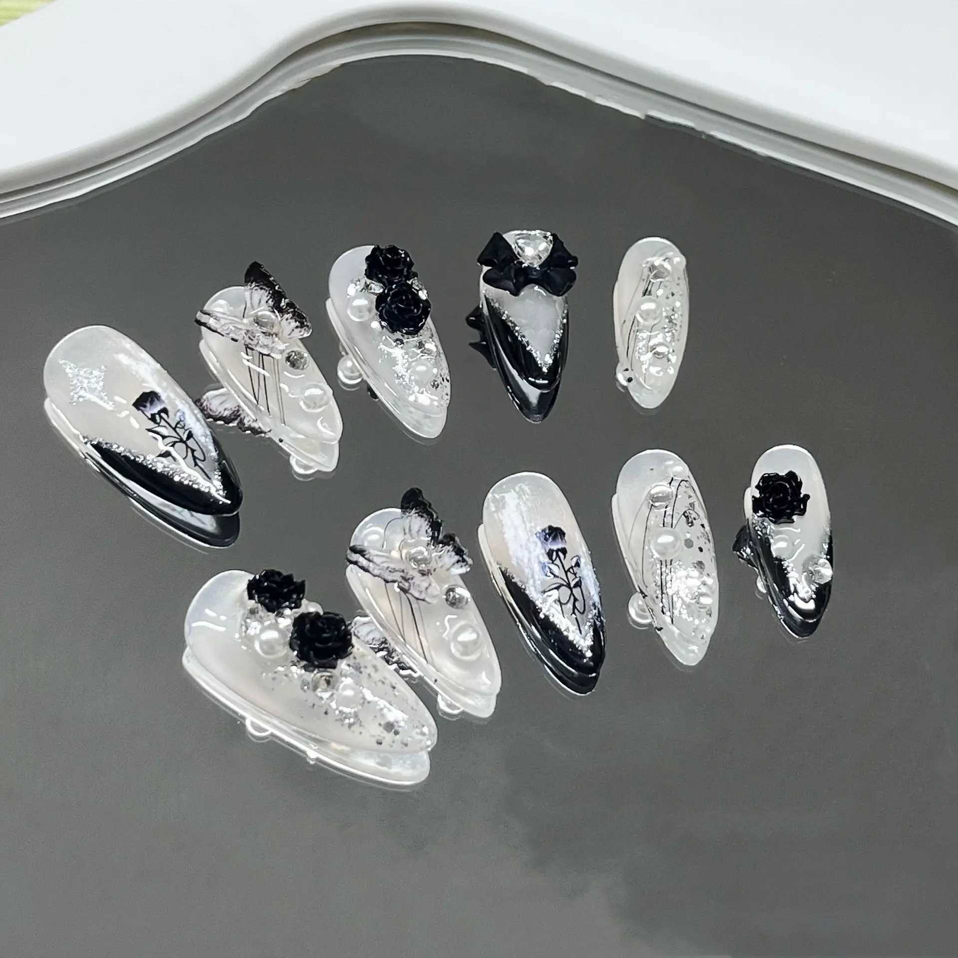 Hand pressed 3D nail black rose fake nail Ins almond fake nail patch ballet dancer nail decoration skills W250410