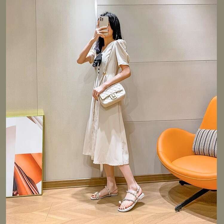 Woman Sandals Fairy Style In Summer New Water Diamond Pearl Toe Sandals Flat Shoes With A Single Strap Roman Sandals For Women