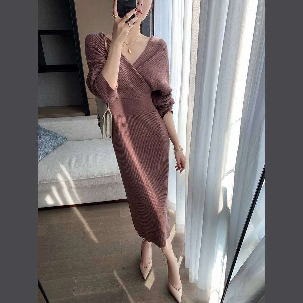 Knitted Sweater Women Autumn Winter New V-Neck With Long Slim Knit Dresses Female High Waist Elegant Evening Party Dress