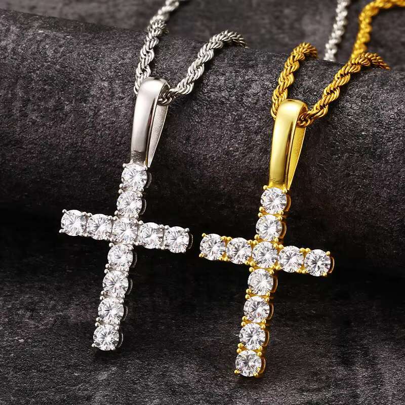 Luxury 5mm Silver 925 VVS D Color Moissanite Jesus Cross Pendant Necklace With Gold Plated Tennis Chain for Parties
