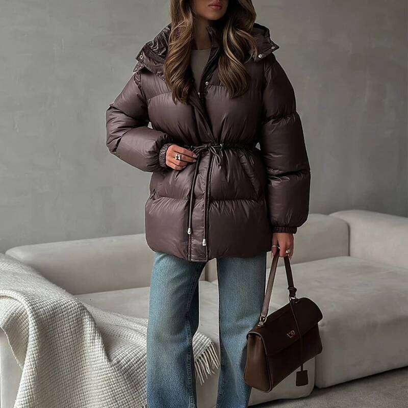 Drawstring Cotton Padded Parka Jackets For Women Hooded Collar Folds Zip-Up Fashion Solid Autumn Winter Warm Outerwear