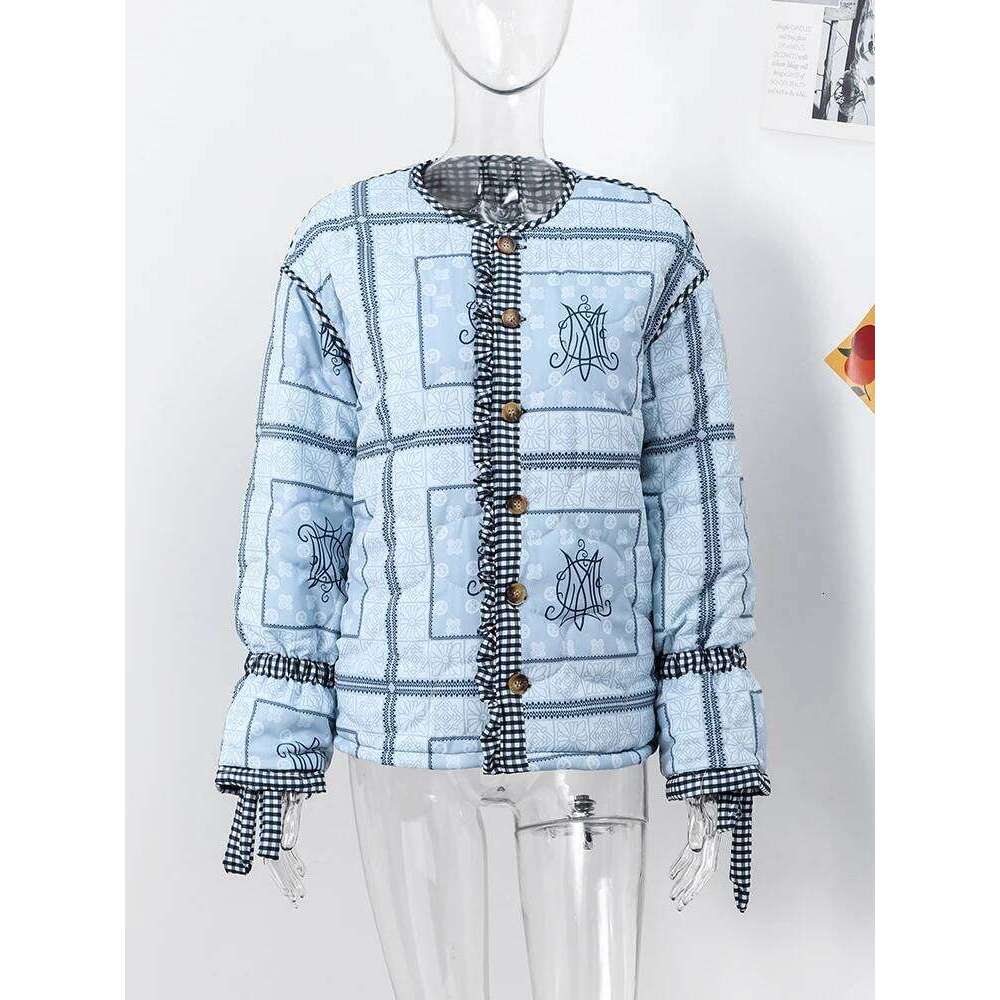 Fashion Printed 2 Side Quilting For Women Elegant O-Neck Single Breasted Loose Cotton Coat Female Autumn Winter Lady Jacket