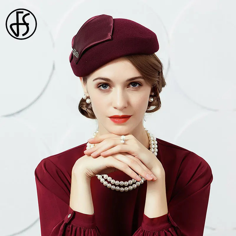 FS Elegant Wool Pillbox Hat Fascinators Fedora Hat Black Church Hats Women Navy Blue Wedding Ladies Felt Leaf Berets Caps Chapea 250409