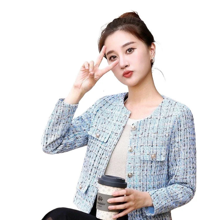 casual Women Korean Sweet Tweed Jacket Fashion Simple Long Sleeve Coat Elegant Slim Female Chic O Neck Open Stitch Outwear 251110