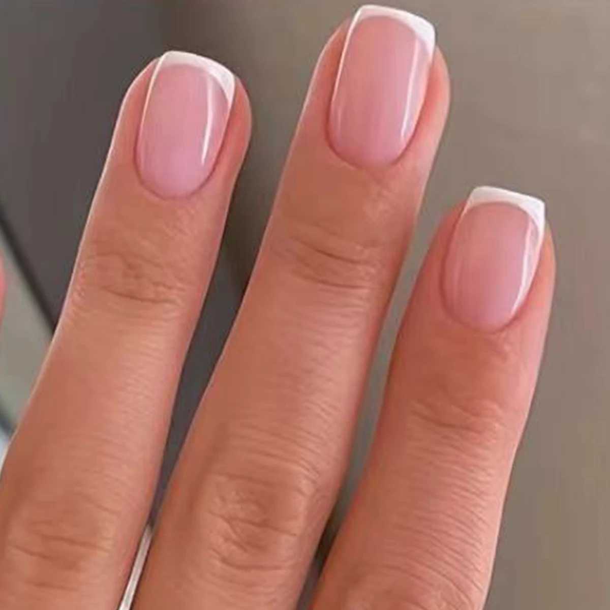 24 pieces/set womens short French light blue pink dual tone glossy surface fully covered wearable fake nail machine W250410