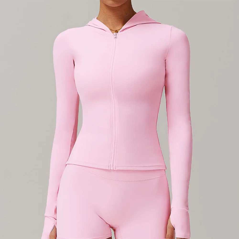 Zipper jacket womens yoga crop top hooded T-shirt solid sports top long sleeved running shirt quick drying fitness gym sportswearXJ250410