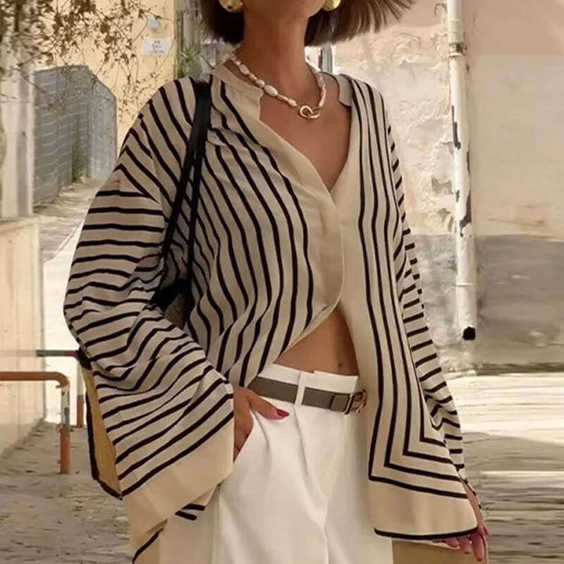 Rui Chuo Cross-Border Amazon Foreign Trade European and American Long Sleeve 2025 Autumn New Striped Loose Cardigan Shirt for Women