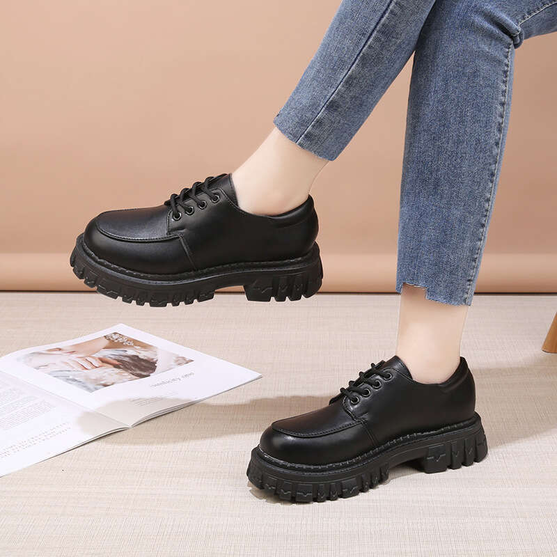 Woman Sandals New British Style Small Leather Versatile Autumn And Spring Thick Soled Casual Shoes For Women Black Single Shoes Sponge Cake Loafers