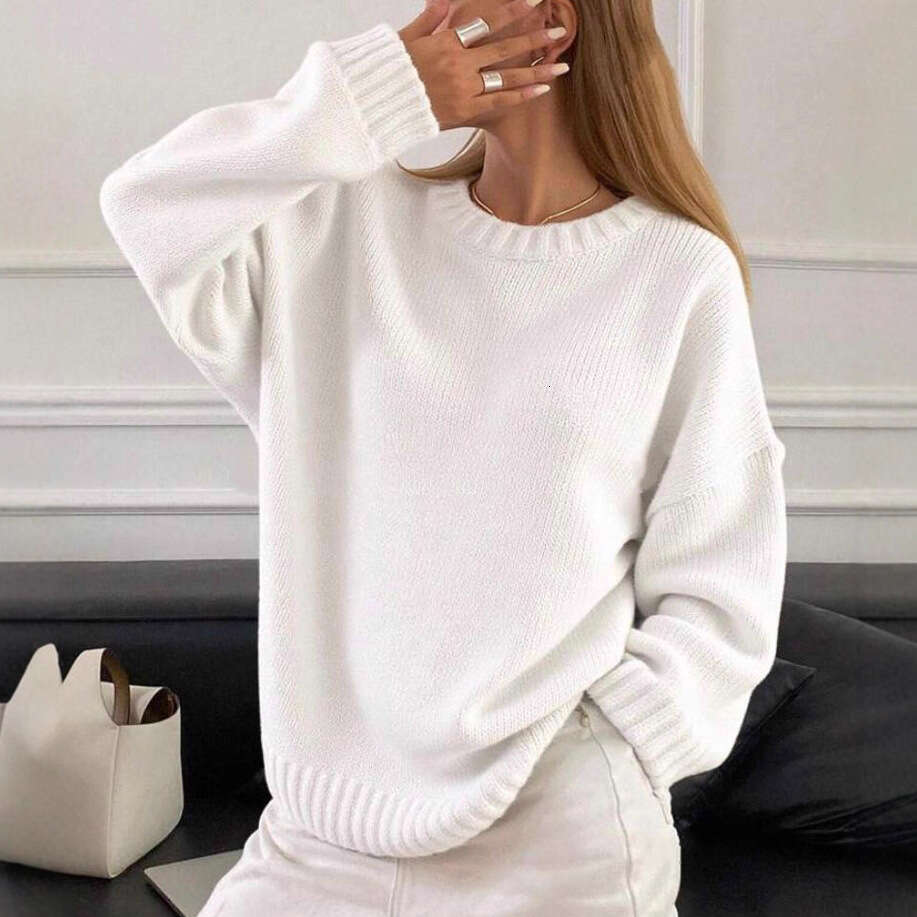Lazy Style Foreign Trade Round Neck Thickened Solid Color Knitted Women Autumn Winter European Goods Pullover Long Sleeve Sweater Top