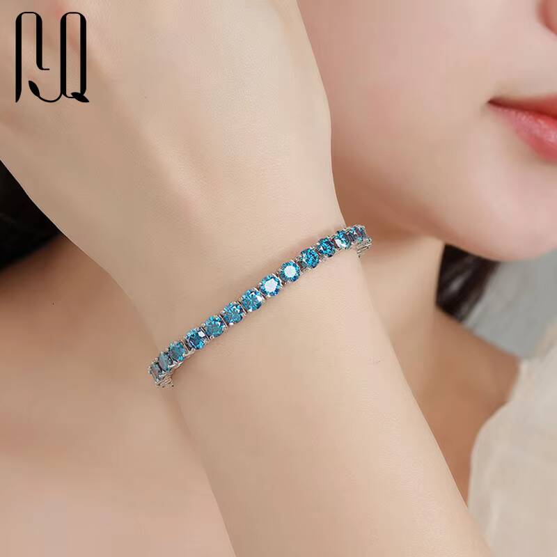 PYQ Fine Jewelry 3mm-65mm 925 Sterling Silver Grade VVS Royal Blue Mossanite Moissanite Diamond Tennis Chain Bracelet