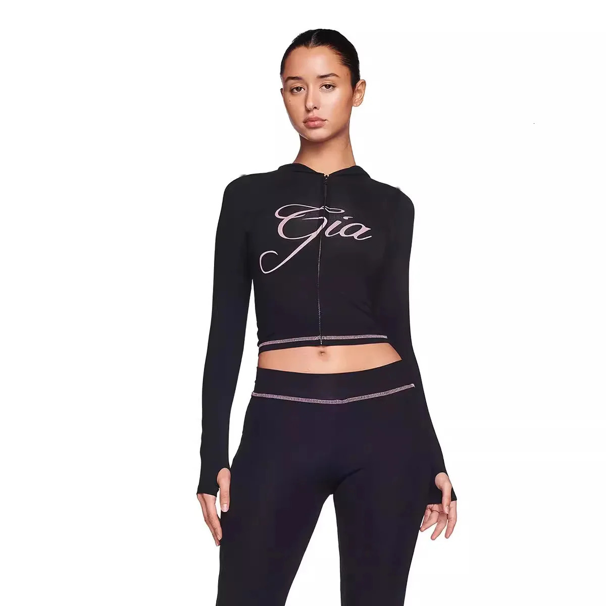 I. AM. GIA Womens Two Pieces Set Pant Sets Bralette High-waisted Casual Summer Tracksuit Y2k Hooded Cardigan Sweatshirt Set 250409