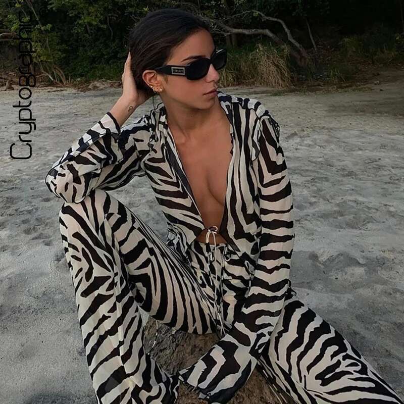 Cryptographic Animal Print Mesh Sheer Stripe Tie Front Detail Top Matching Fashion Outfits 2 Piece Sets Holiday Beachwear
