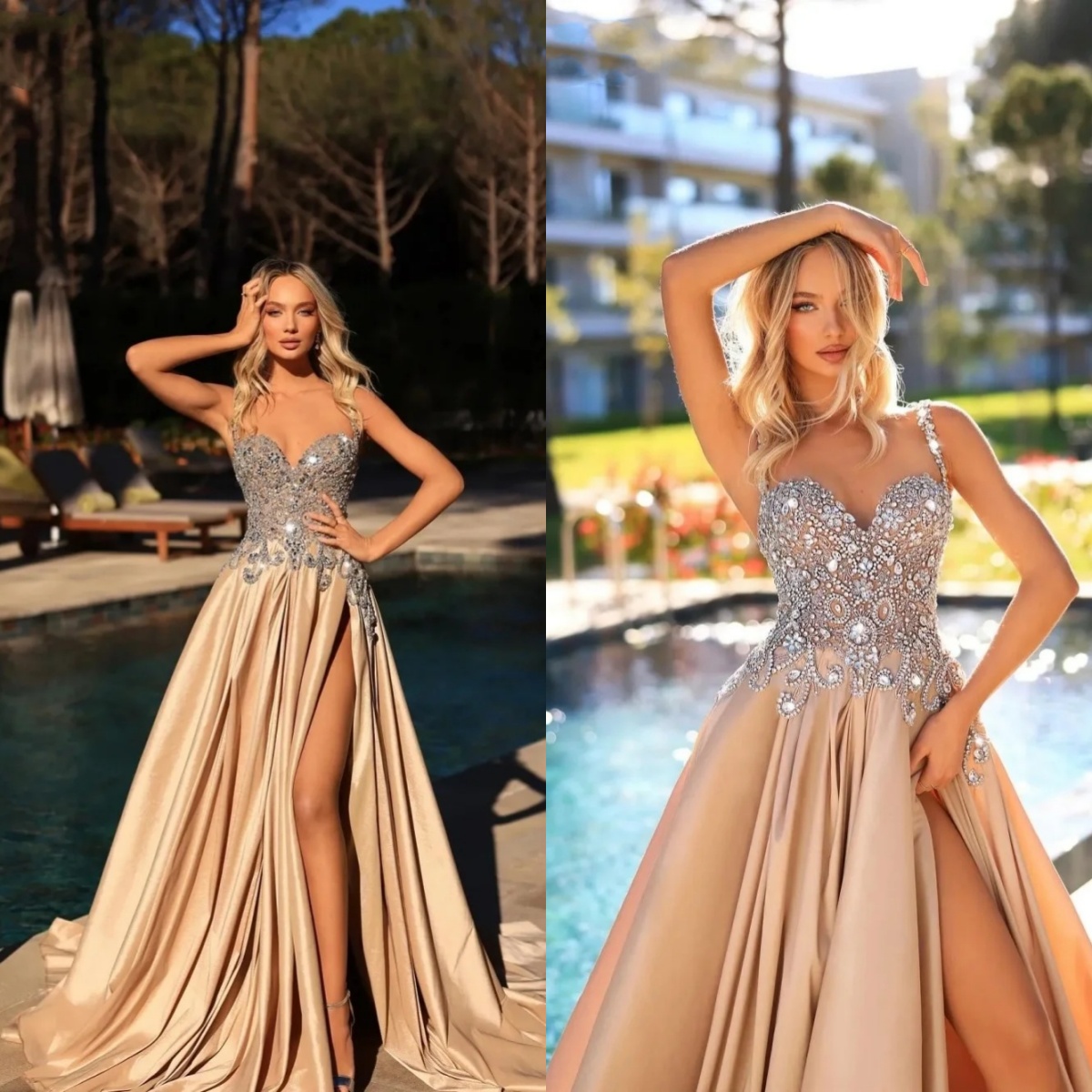 Charming A Line Evening Dress Spaghetti Strap Crystal Beaded Prom Gowns High Splits Floor Length Party Dresses Customized