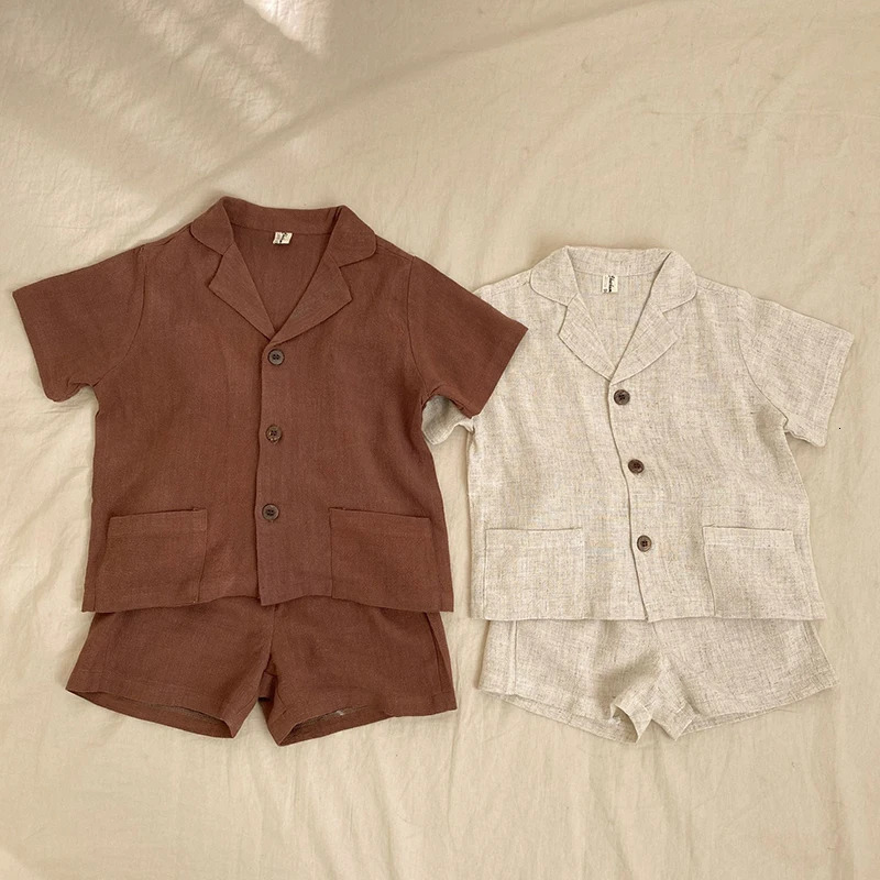 Korean style 1-6 year old boys womens clothing set cotton linen short sleeved cardiganshort sleeved childrens summer clothing set 250409