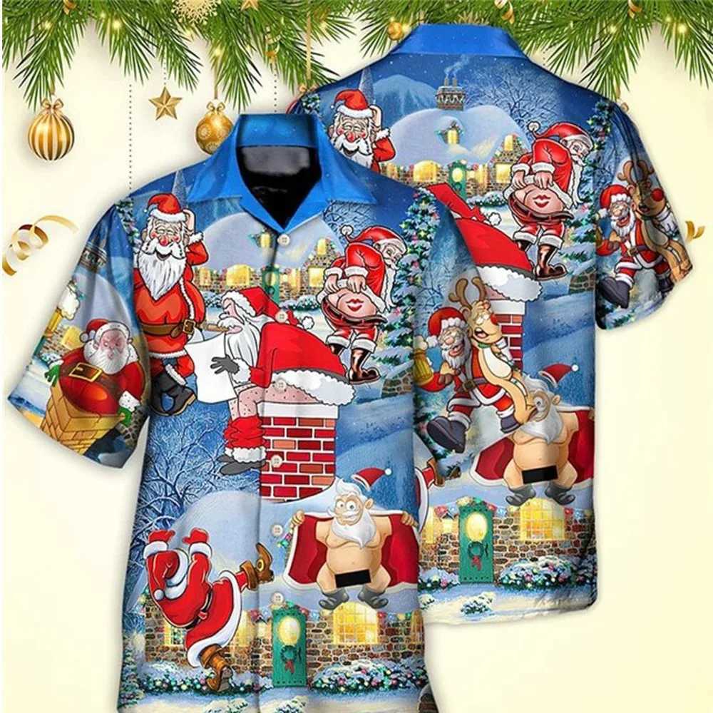 Mens Hawaiian Shirt Fun Santa Claus 3D Printed Christmas Hawaiian Shirt Mens Fashion Short Sleeve Beach Shirt Party X250410