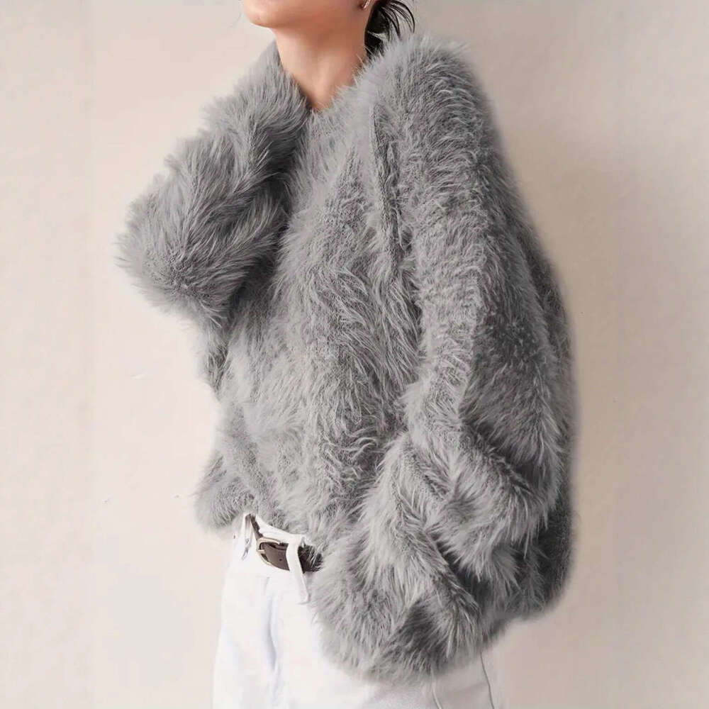 Autumn Winter Thickened Imitation Mink Velvet Women, Export Cross-Border Solid Color Versatile Round Neck Fuzzy Pullover Knitted Sweater for Women