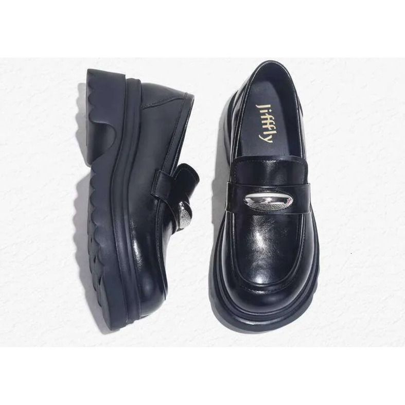 2025 Jifffly Women's Single New Summer Versatile British Style Slip - On Black Leather Thick Loafers