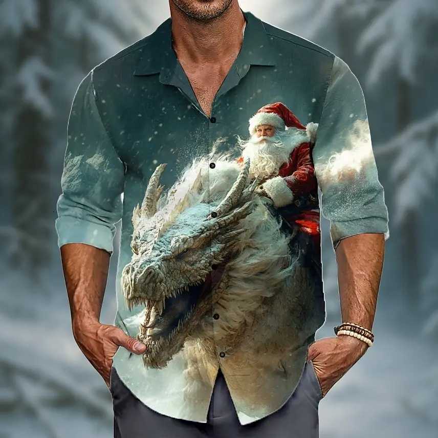 Christmas Mens Santa Claus Dragon funny christmas Shirt Button Up Shirt Long Sleeve Funny Christmas Gifts Holiday Spring Fall K251110