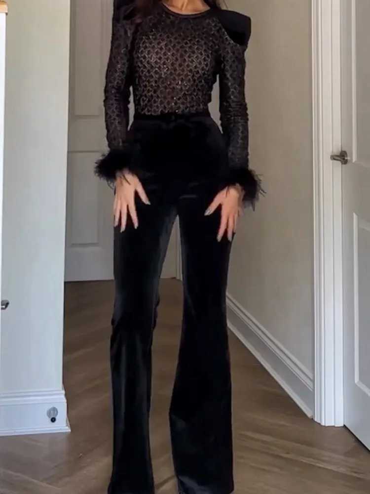 New Sequined Black Feathers Round Neck Gold Velvet Stitching Swedish Jumpsuit Casual Womens Sexy Swedish Jumpsuit W250306