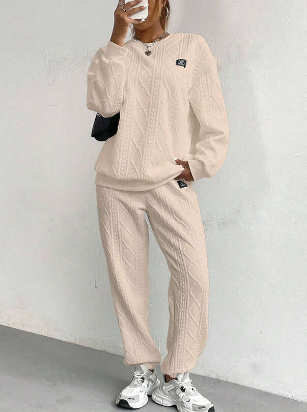 2024 autumn winter new European American women's jacquard long sleeved casual round neck hoodie and pants set