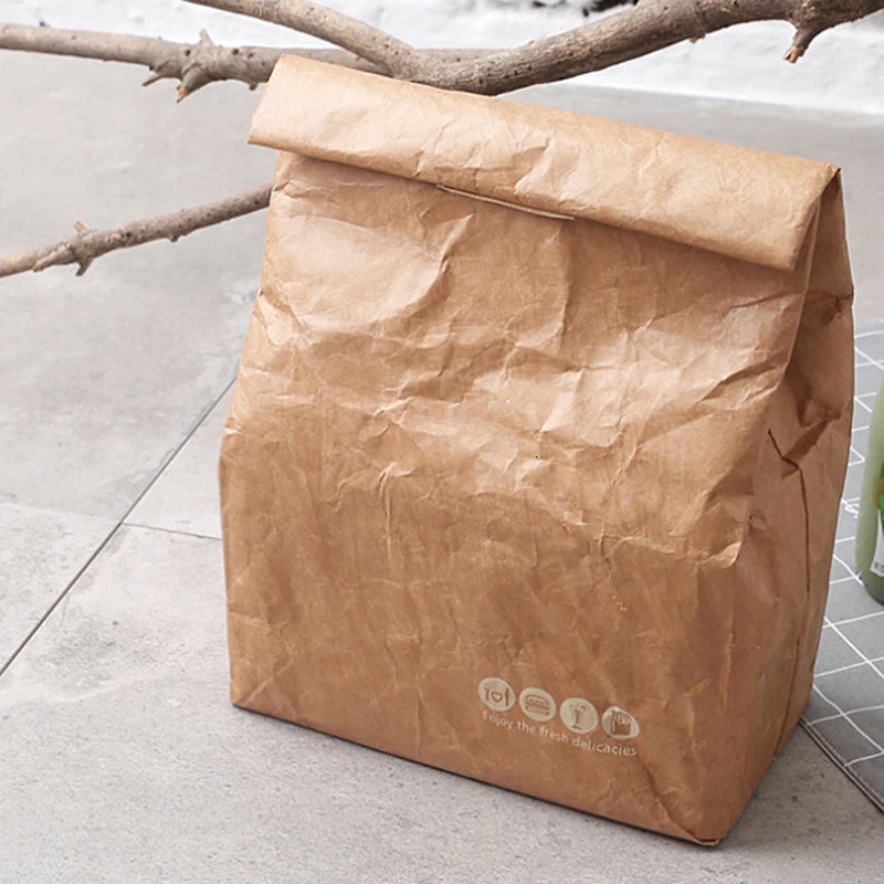 Brown paper lunch bag reusable insulated cooler with magnetic seal 250401