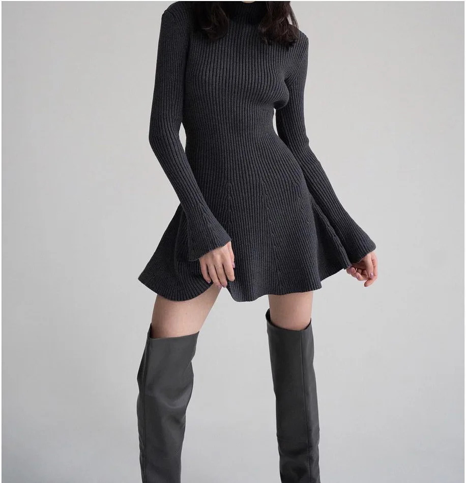 Autumn and Winter Womens Fashion Sexy Dress Temperament High Neck Long Sleeve Waist Short Solid Color Knit INS 251110