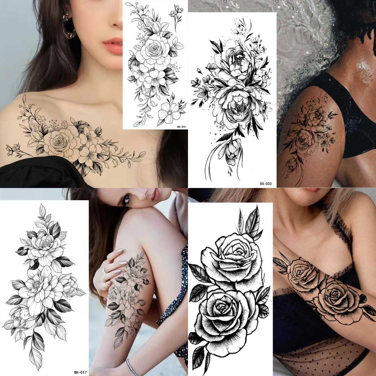 Waterproof temporary tattoo sticker paper flower rose peony geometric pattern body art arm fake tattoo sleeve women W250410