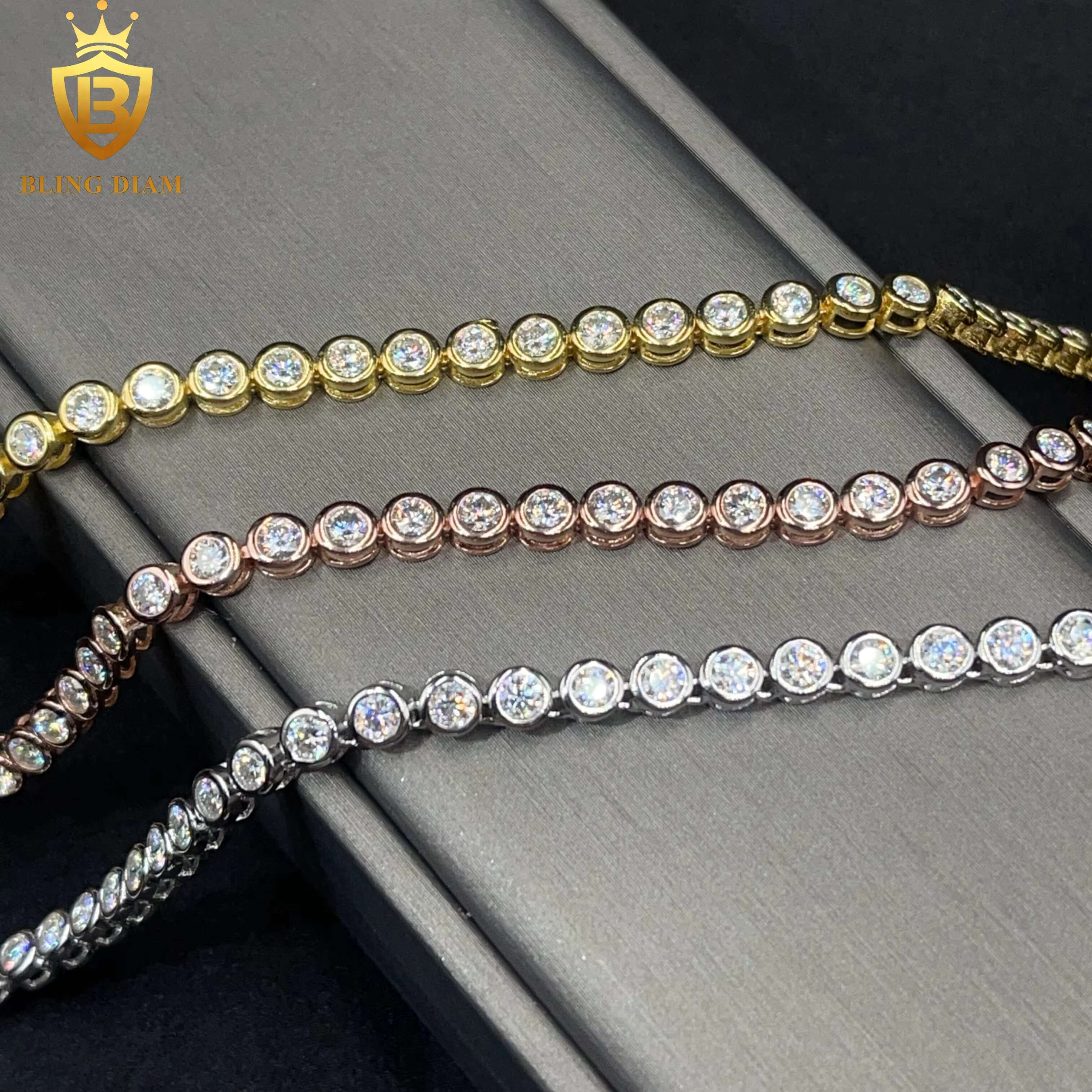 Blingdiam Jewelry 925 Silver Gold Plated VVS Moissanite Pass Diamond Tester Tennis Chain 3mm Bracelet Necklace