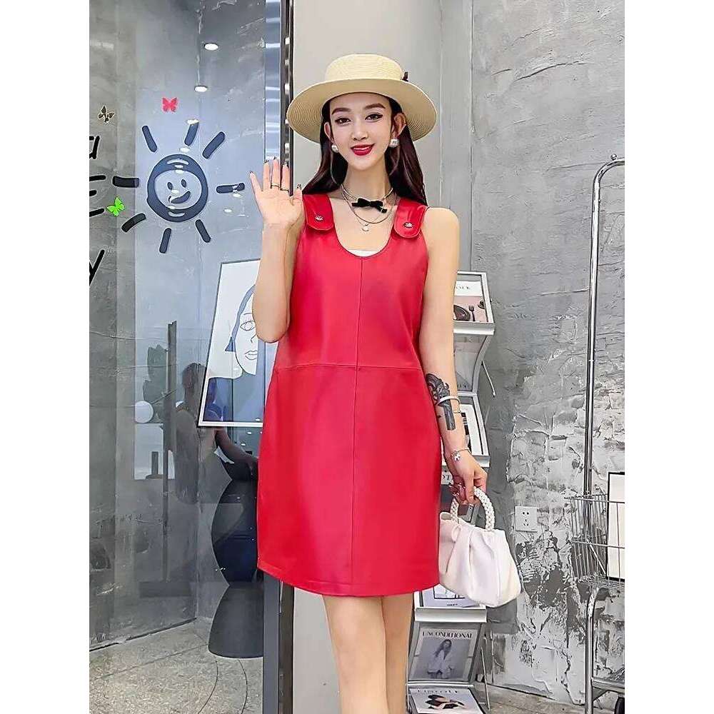 Women Genuine Leather Fashion Solid Color Loose Tank Straps Dresses Casual Sweet Lady Sleeveless Sheepskin A-Line Dress