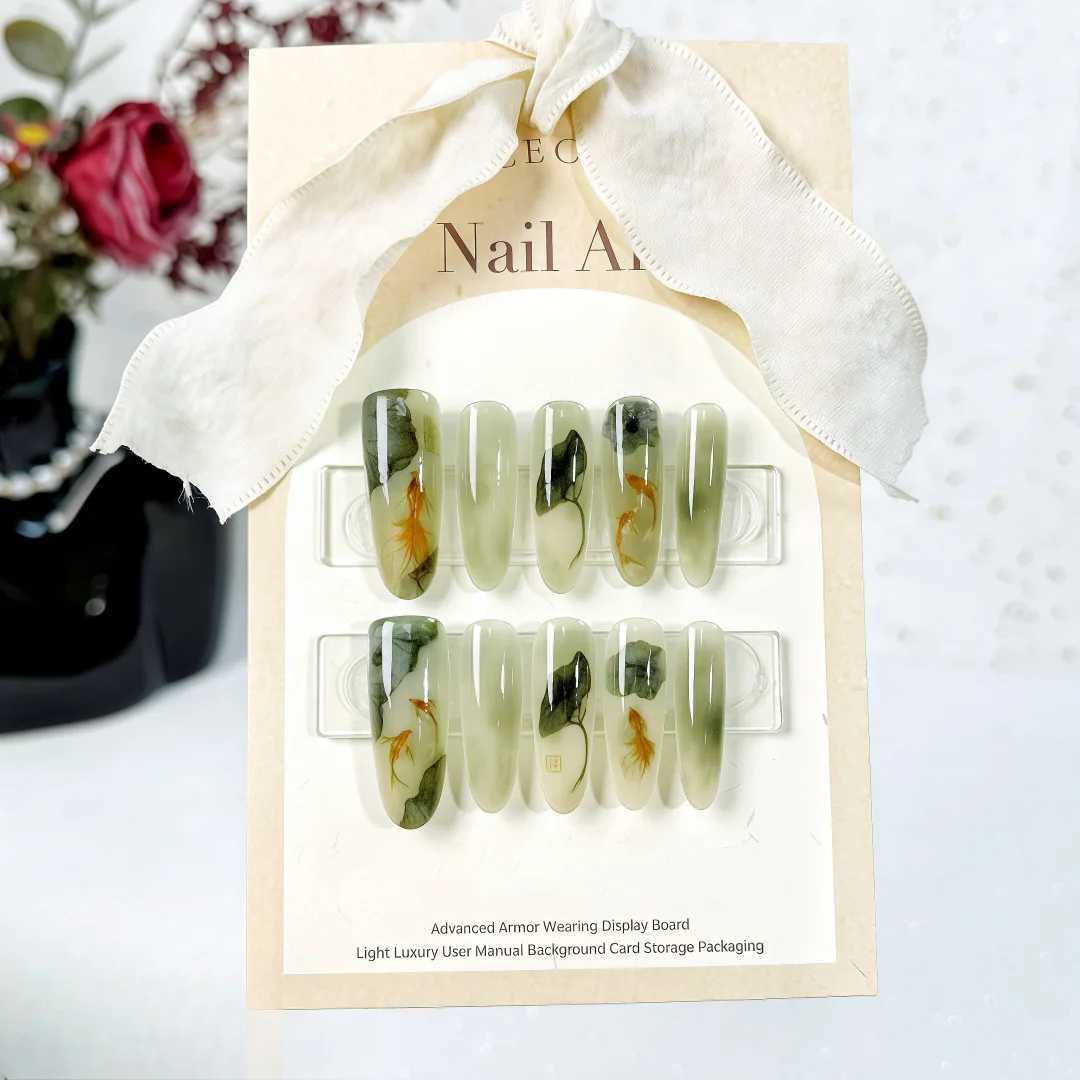 0pcs/set of smooth and long Squoval press on nails fish lotus pattern fake nails women and girls can reuse fake nails W250410