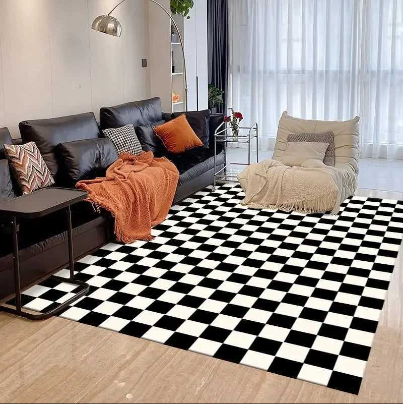 VIKAMA Carpet Checkered Living Room and Bedroom Carpet Green and White Checkered Modern Ins Moroccan Floor Mat Home Decoration Y251110