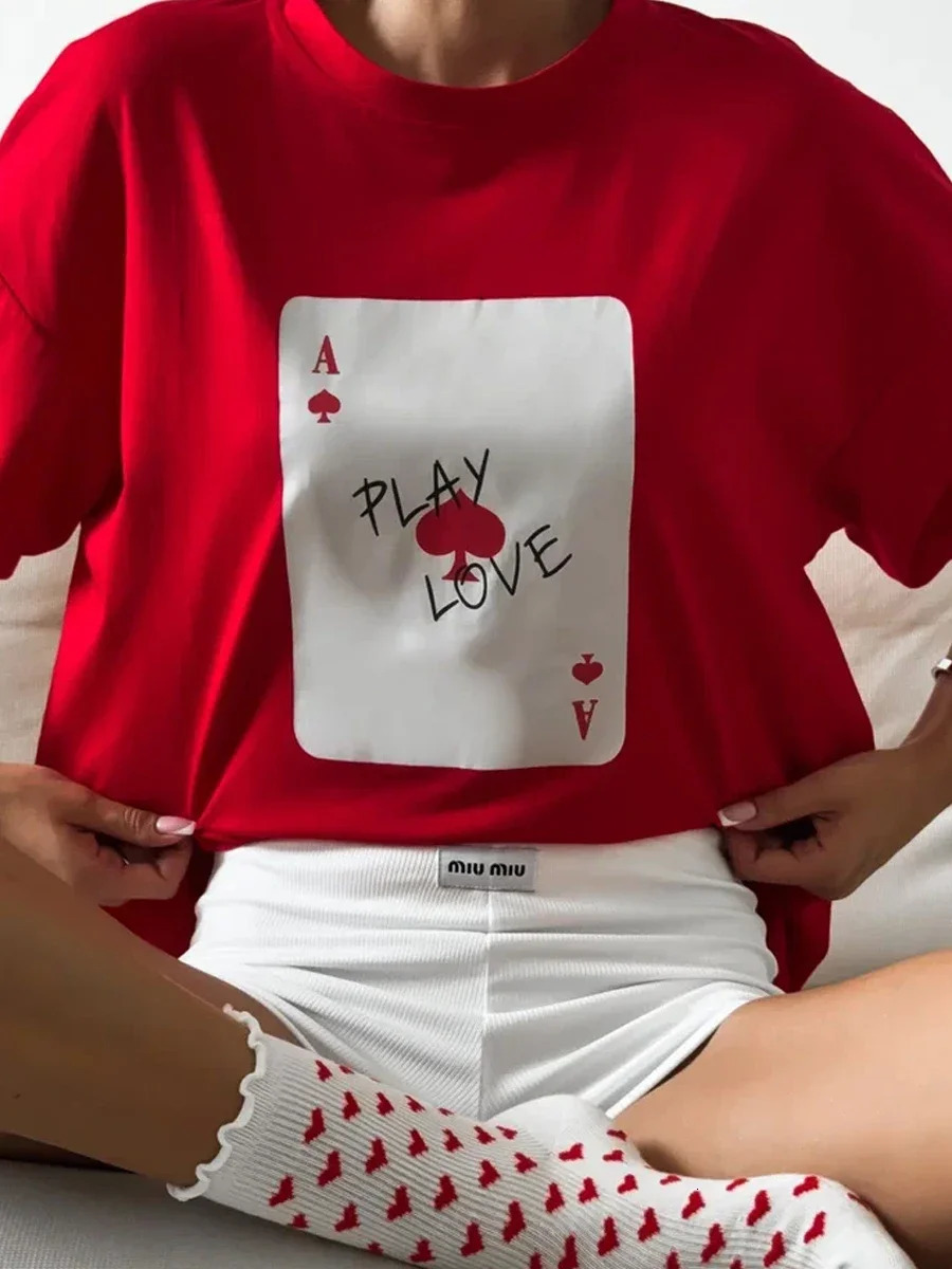 DFCF Poker Card Printed T-shirt for Women 100% Cotton Fashion O-neck Loose Short sleeved Womens Summer Casual Top 250410
