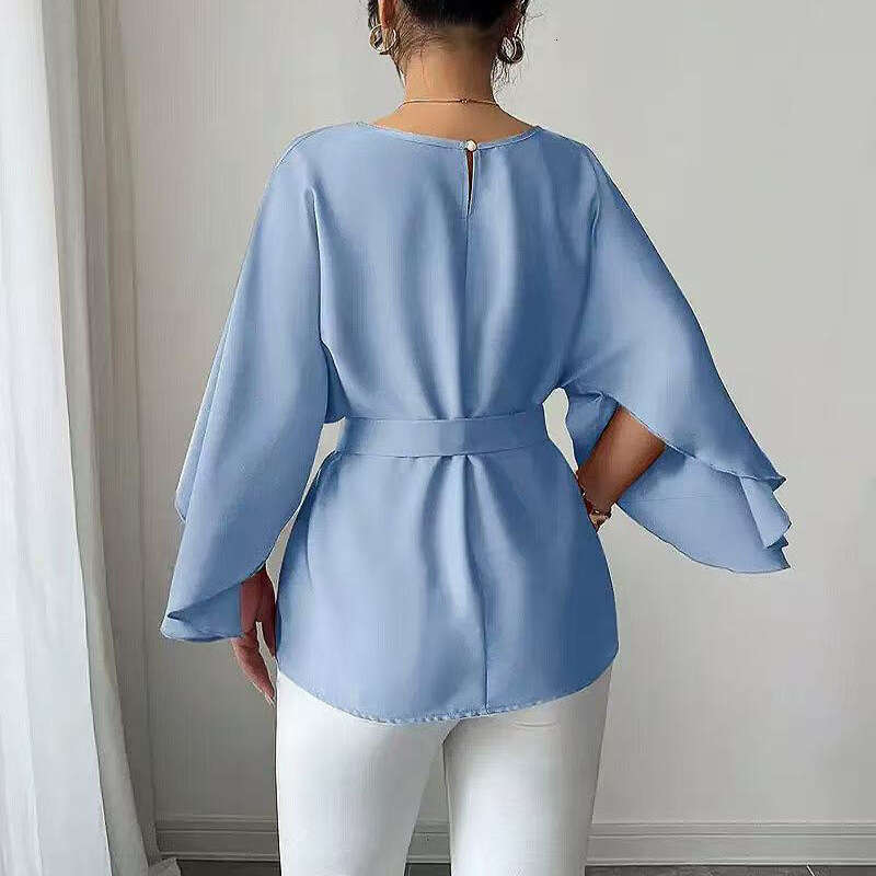 2025 Autumn New Cross-Border Independent Station Wish European and American Elegant Style Solid Color Shirt Blouse Flared Mid-Sleeve Women's Clot