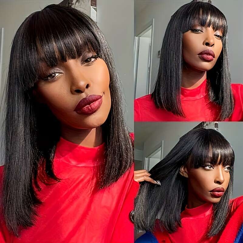 Sliky Straight With Bangs None Lace Front Unprocessed Virgin Human Hair Wigs Hine Made Glueless Wig Full Density Halloween Thanksgiving Christmas Vale