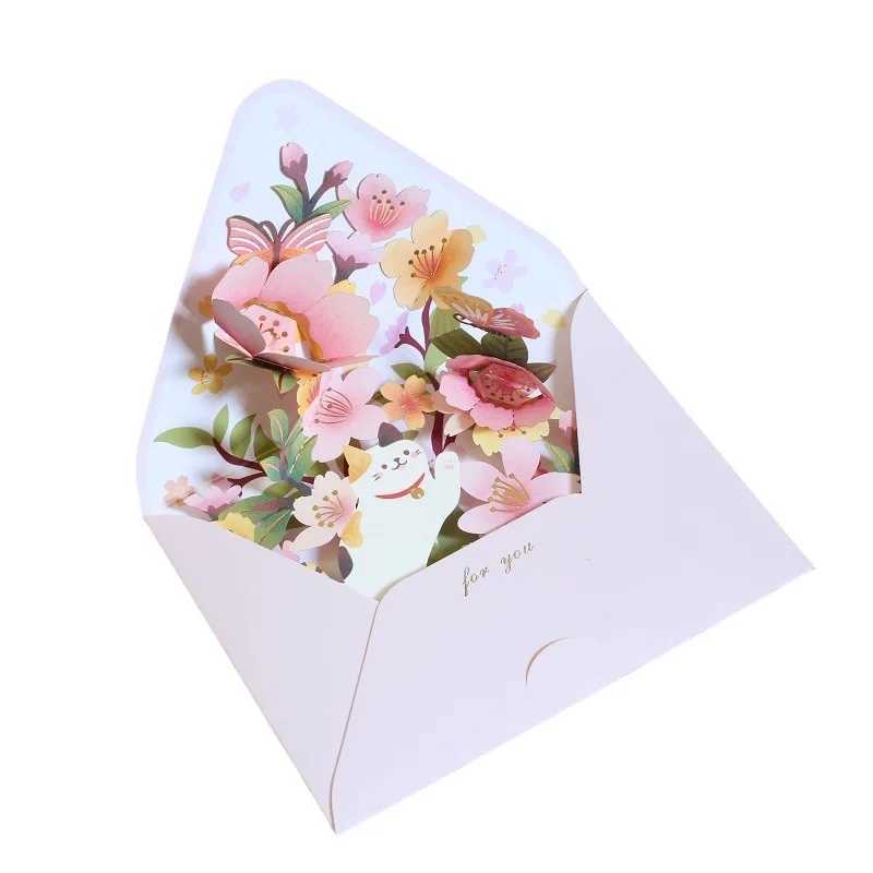 New Rantic Flower Birthday Christmas Card 3D Pop up Card Set Postcard Par Wedding Decoration Creative Gift Card Y250410