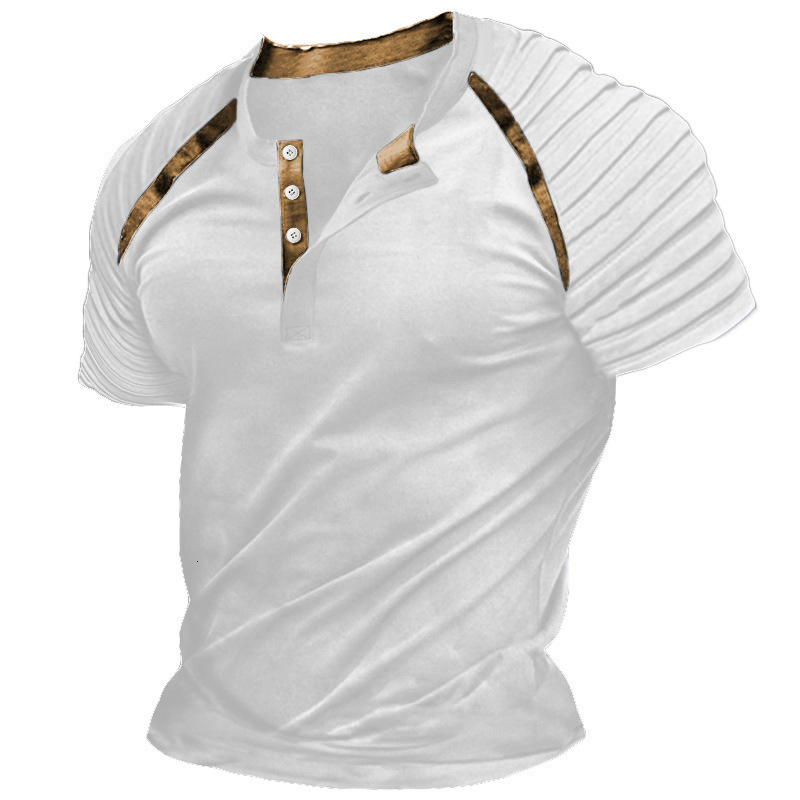 2025 New Summer Mens Sleeves Folded Short Sleeve T-shirt Mens Henry Collar Top