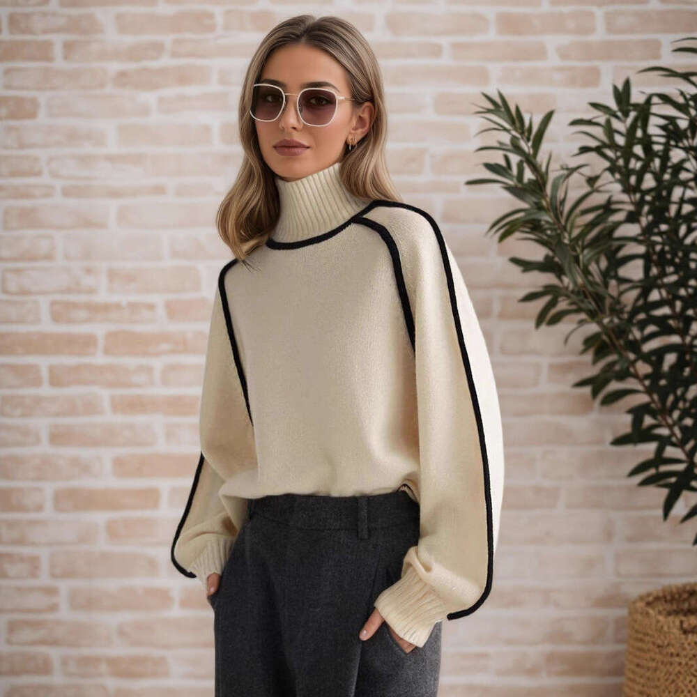Cross-Border Foreign Trade Women's Fashion Half Turtleneck Raglan Sleeve Top Elegant Line Threaded Base Knitted Sweater for Women