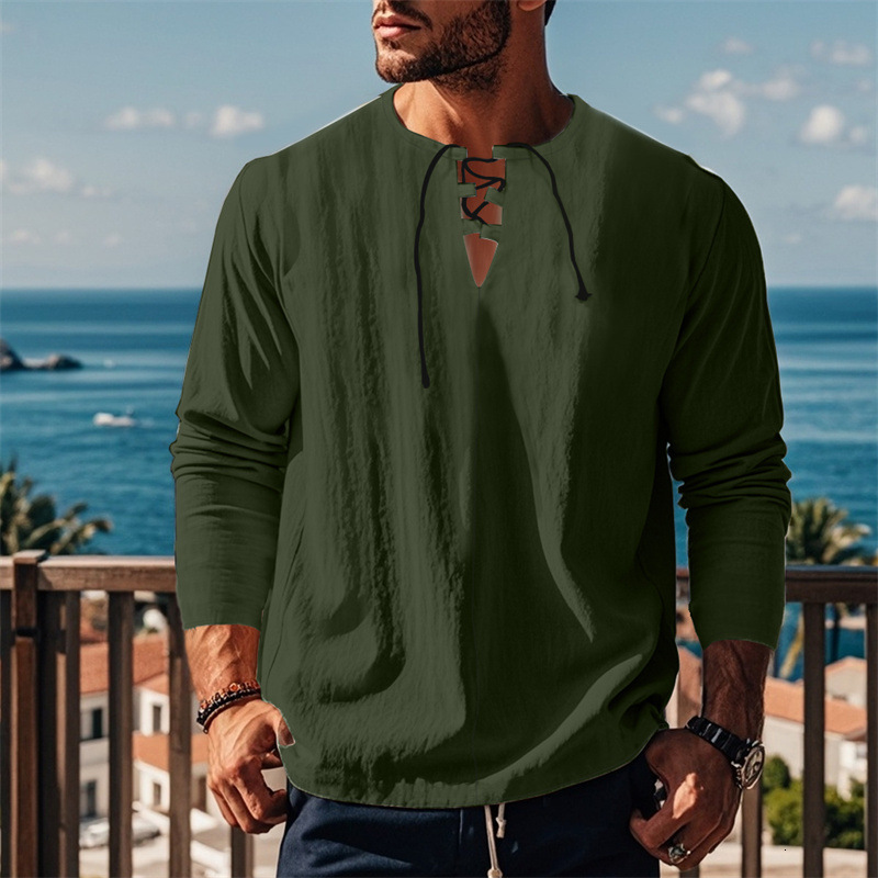 2025 Spring and Autumn New Cotton and Hemp Loose Strap V-neck Long sleeved Shirt Fashion Casual Top Long sleeved T-shirt