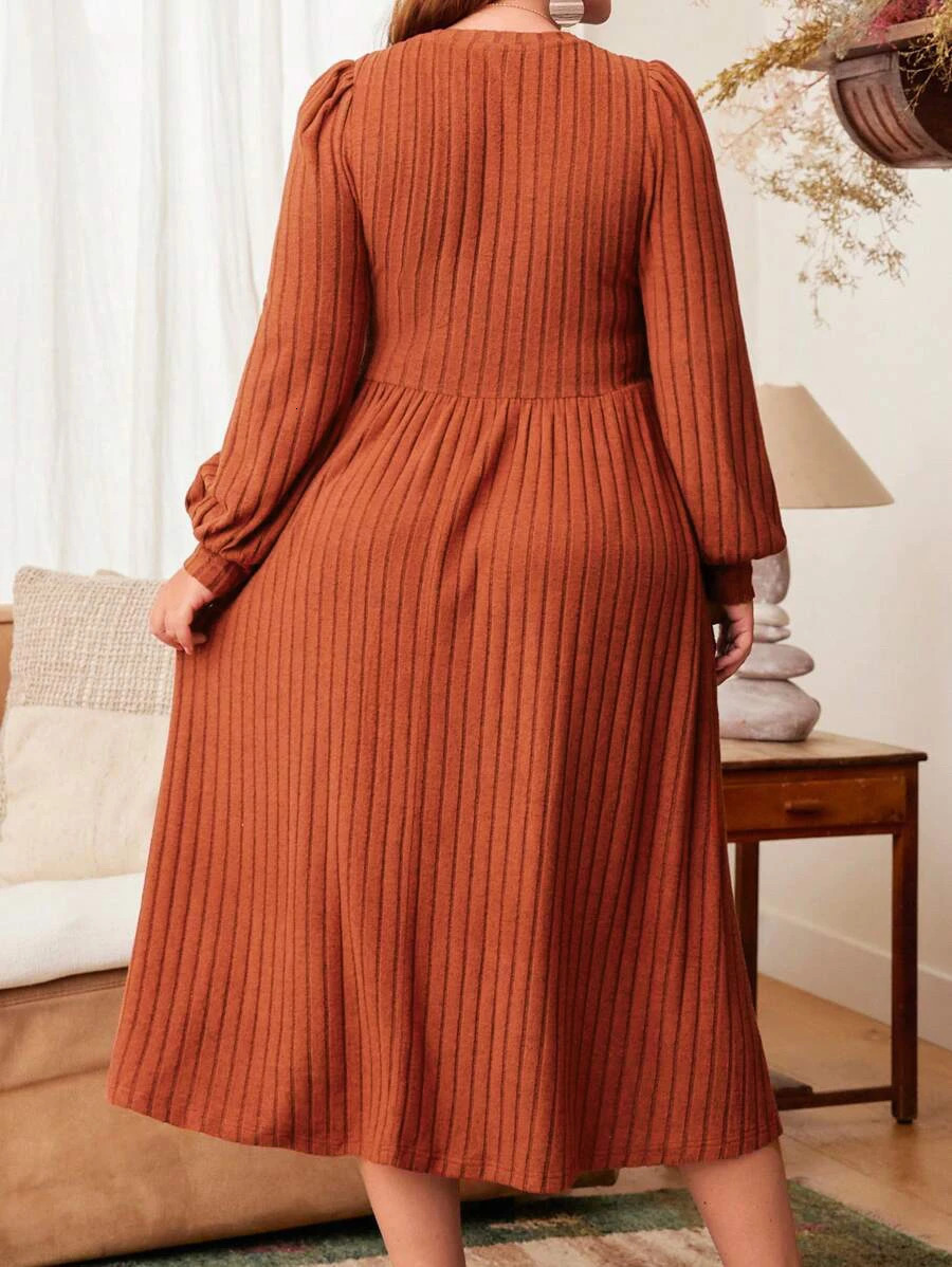 Plus size womens autumn and winter dresses solid color round neck long sleeve dress maxi plus wo 251110