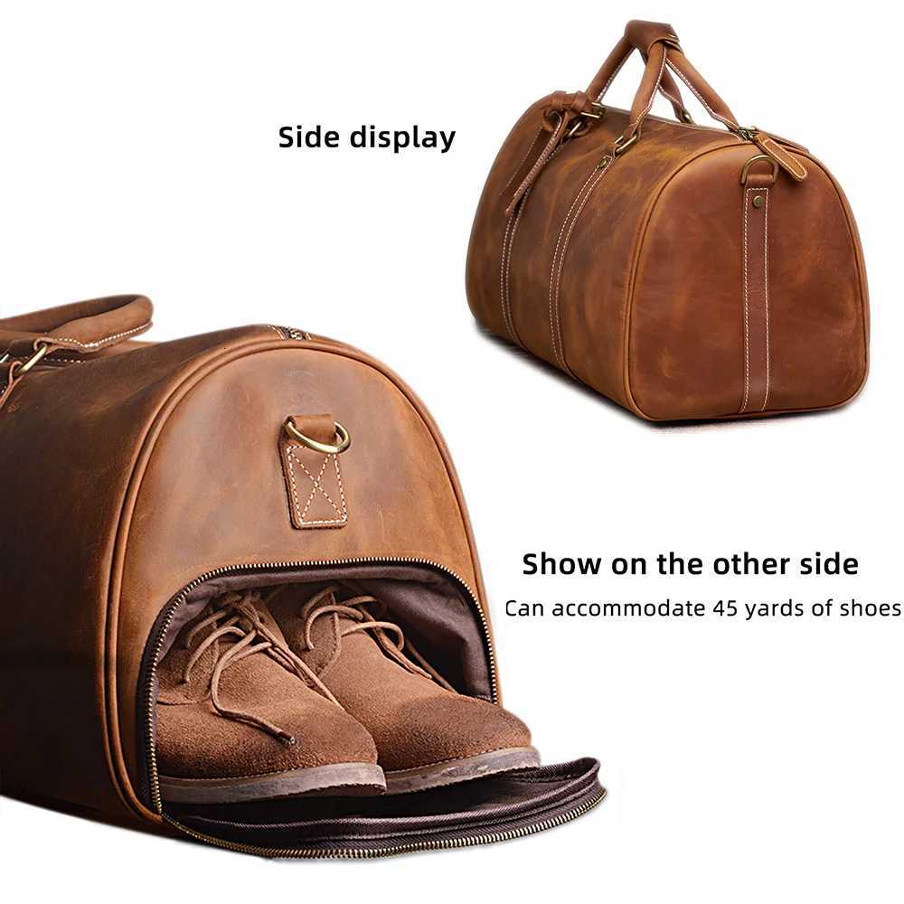 Vintage Mens Travel Bag Genuine Leather Hand Luggage Boston Bag Duffle Large Capacity Shoulder For 16 Inch Laptop NUPUGOO K251110