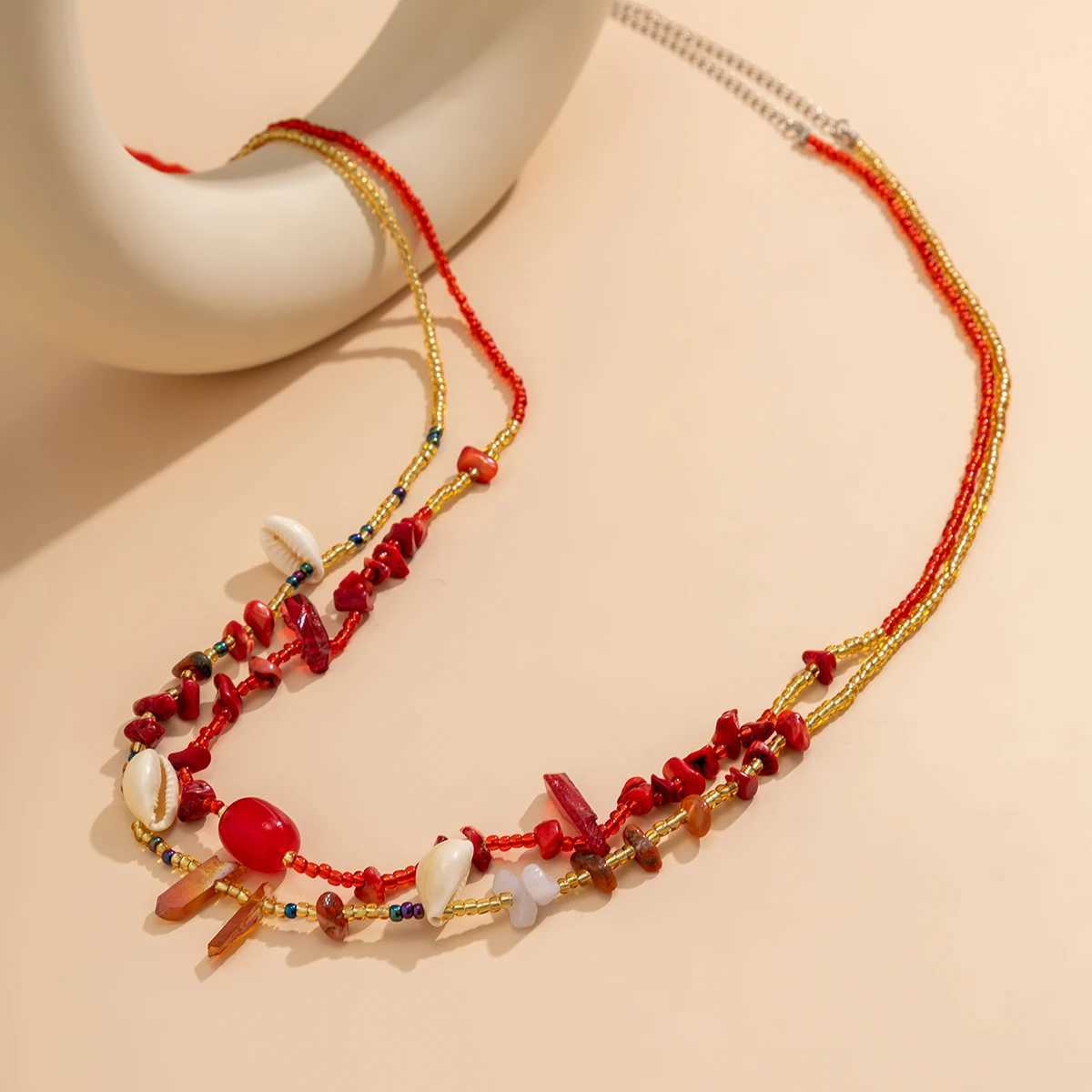 Ingemark 2-piece/set Bohemian red crystal seed waist chain used for warm summer beach bikini stone sea snail belly belt sexy body jewelry X250410